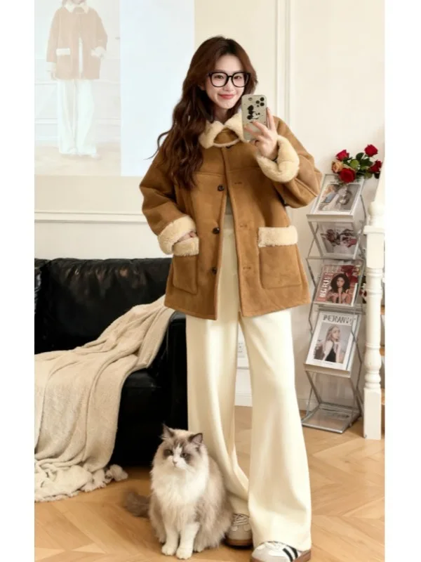 Retro Faion ort Fur Leather Coat Stand Collar Inteated Design ular Winter Outerwear for Women Travel Office Outdoor ...