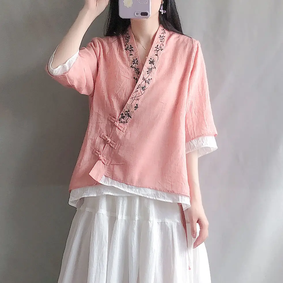 

Весенне-летняя двухслойная рубашка из хлопка и льна в китайском стиле, ретро-рубашка с косым воротником на пуговицах