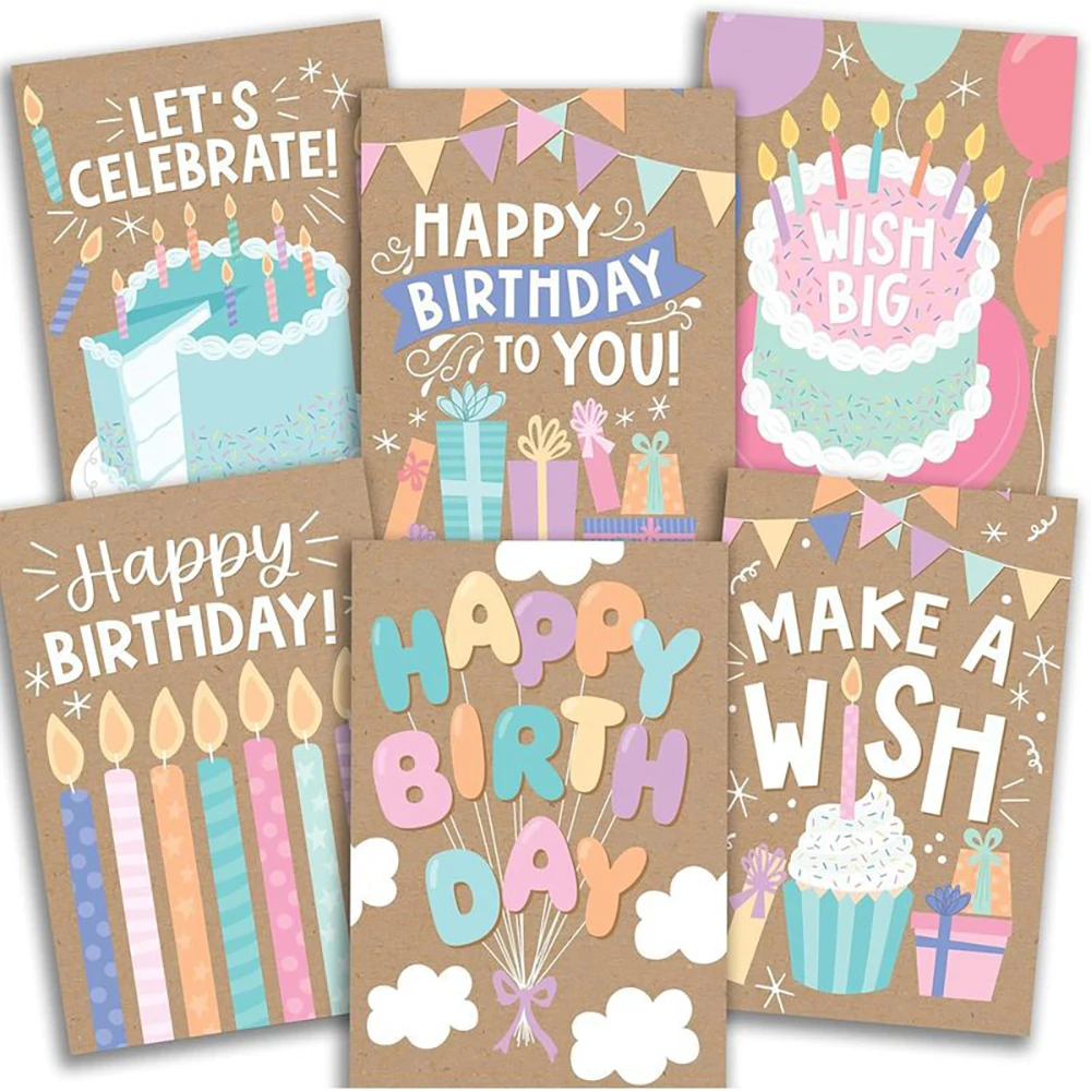 6 cardboards, 6 envelopes, colorful cartoon birthday cards, simple birthday invitation and handwritten blessing cards