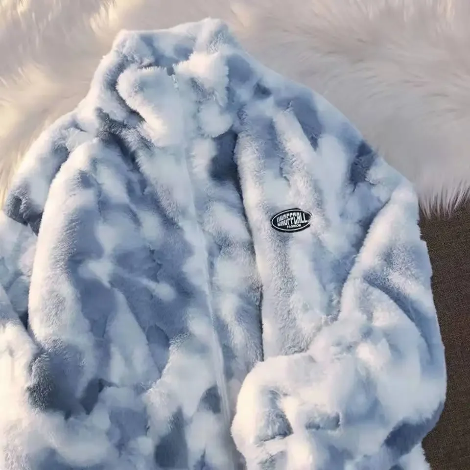 

Faux Fur Coat Tie Dye Woman Winter Zipper Jacket Warm Thickening Loose And Comfortable Lamb Plush Fluffy Jacket Couples Dress