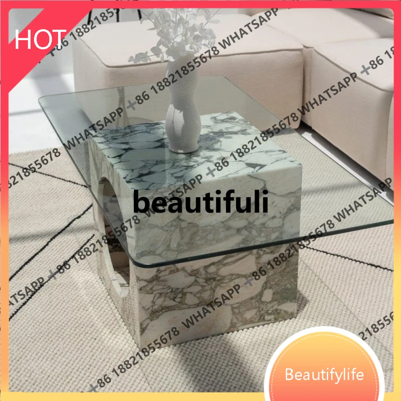 

D07 Natural marble glass coffee table household square coffee table Italian minimalist tea table