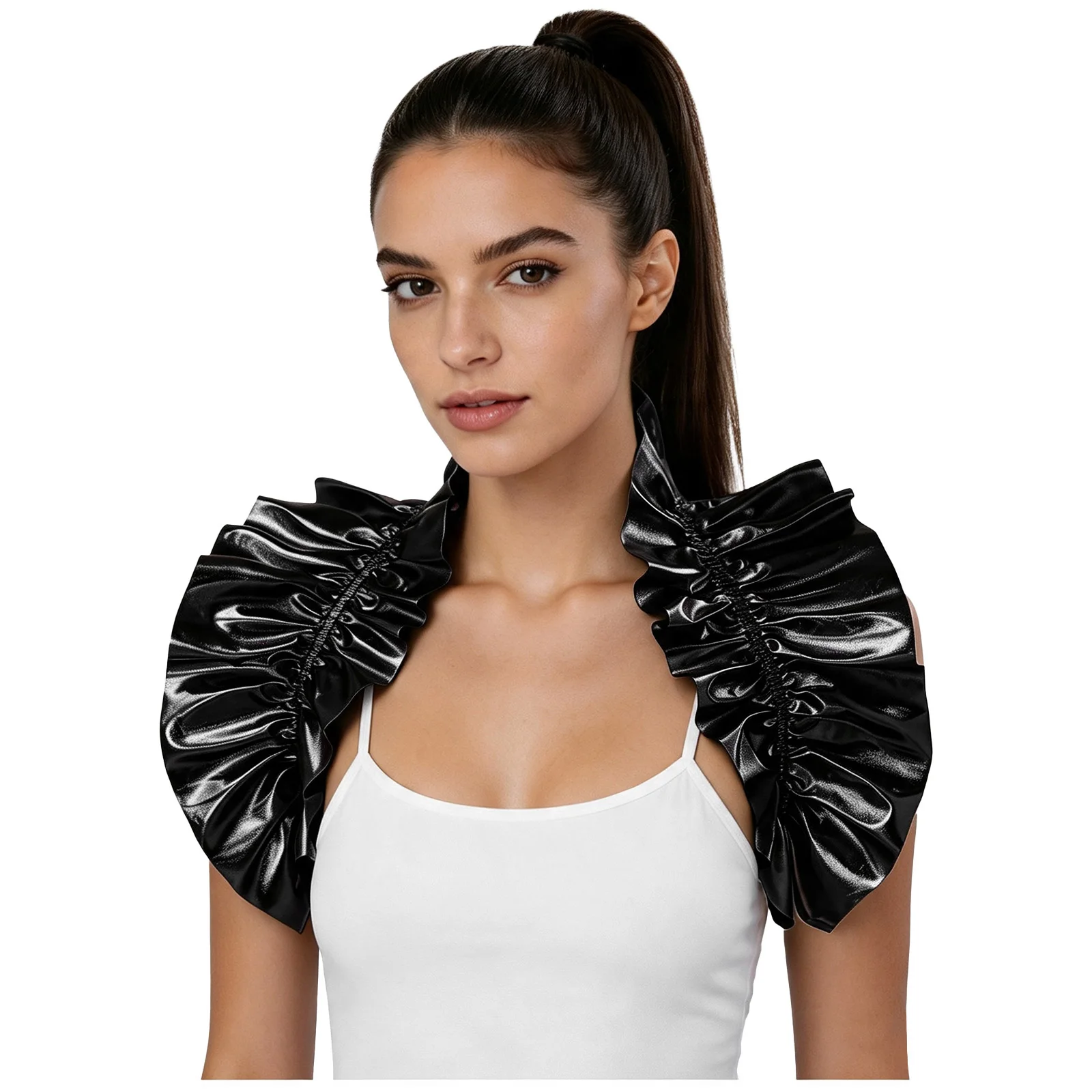 Womens Retro Renaissance Shrug Shoulder Wrap High Neck Metallic Shiny Ruffle Bolero Frill Shawl for Halloween Masquerade Ball