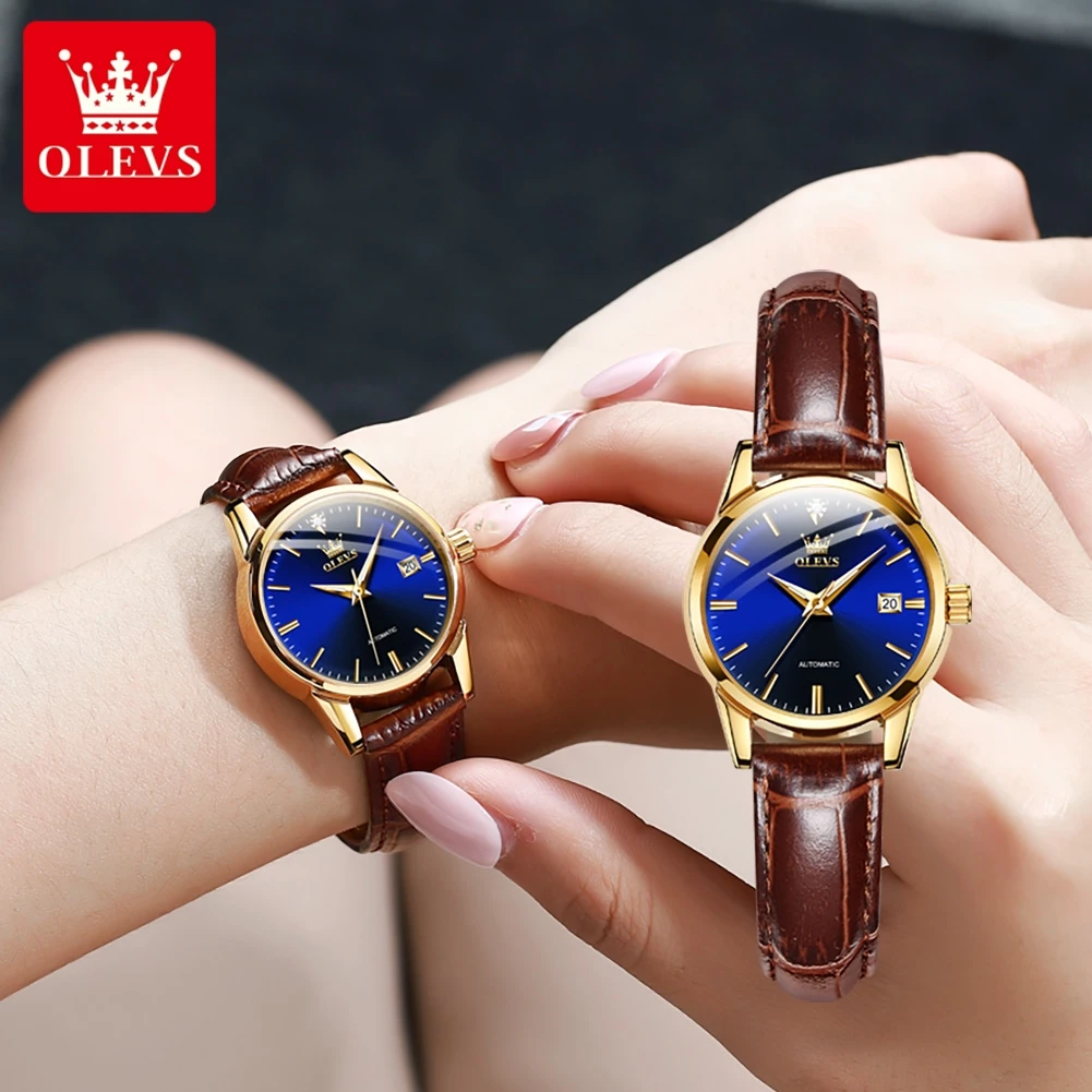 Relógio de pulso feminino olves 6629 automático mecânico moda azul dial relógios para mulher pulseira de couro à prova dwaterproof água data