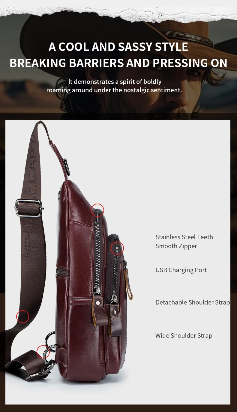 BULLCAPTAIN Brusttasche aus echtem Leder, große Kapazität, lässige Umhängetasche, multifunktionale Umhängetasche aus Leder der ersten Schicht – Detail 9