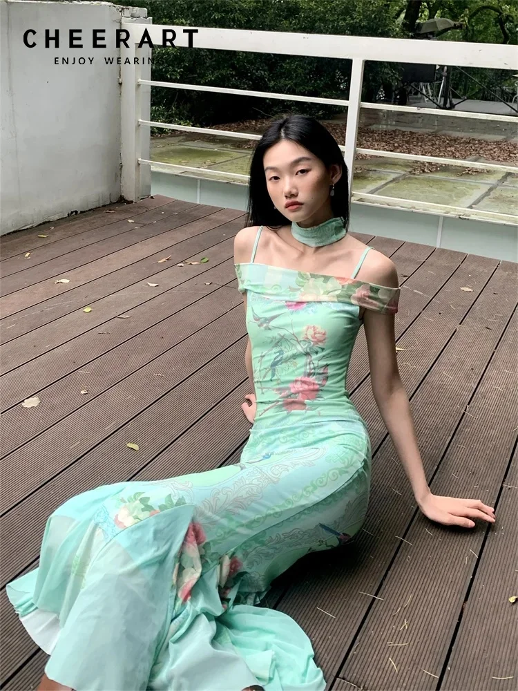 CHEERART Green Floral Bodycon Long Mermaid Dress For Women Elegant Party Summer Slash Tunics Mesh Midi Dress 2024 Clothes