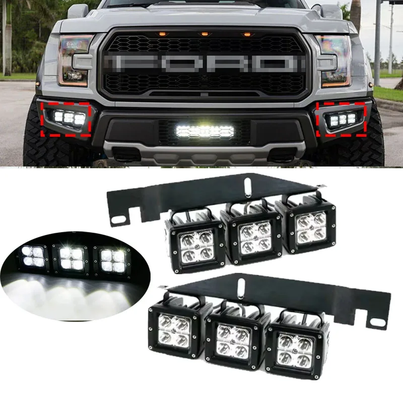 

6pcs Front Bumper For Ford F150 SVT Raptor Truck 2017 2018 2019 2020 18W LED Fog Lights With Mounting Brackets Set