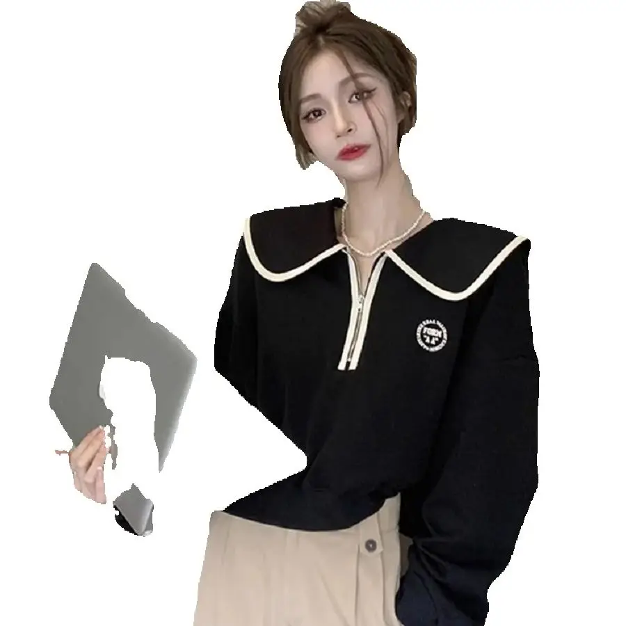Doll Collar Spliced ​​Zipper Sweatshirt Spring Autumn New French Niche Design Loose Short Long-Sleeved Top