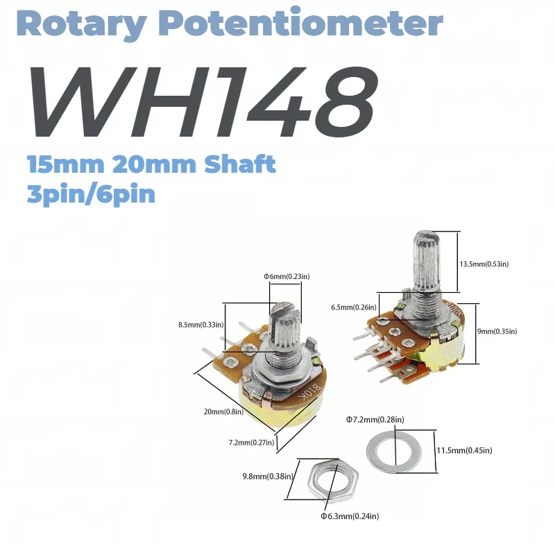 WH148 Rotary Potentiometer Single Dual Gang 3Pin 6Pin 15mm 20mm Shaft B1K‑B500K Variable Resistor For Audio Volume Control
