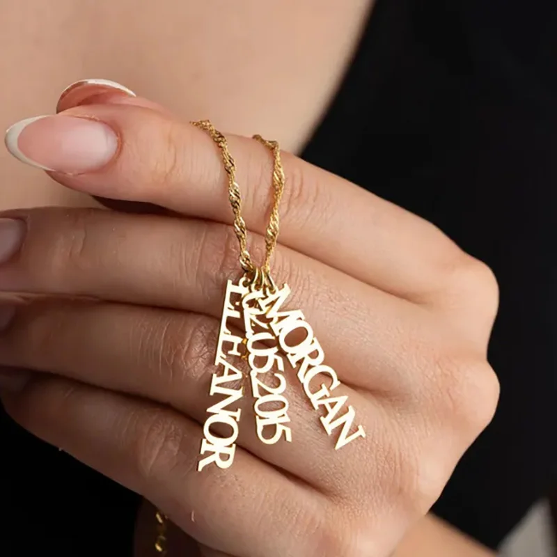 

18K Gold Plated Custom Multi Vertical Names Necklace with Twist Chain for Women Stainless Steel Choker Personalized Jewelry Gift