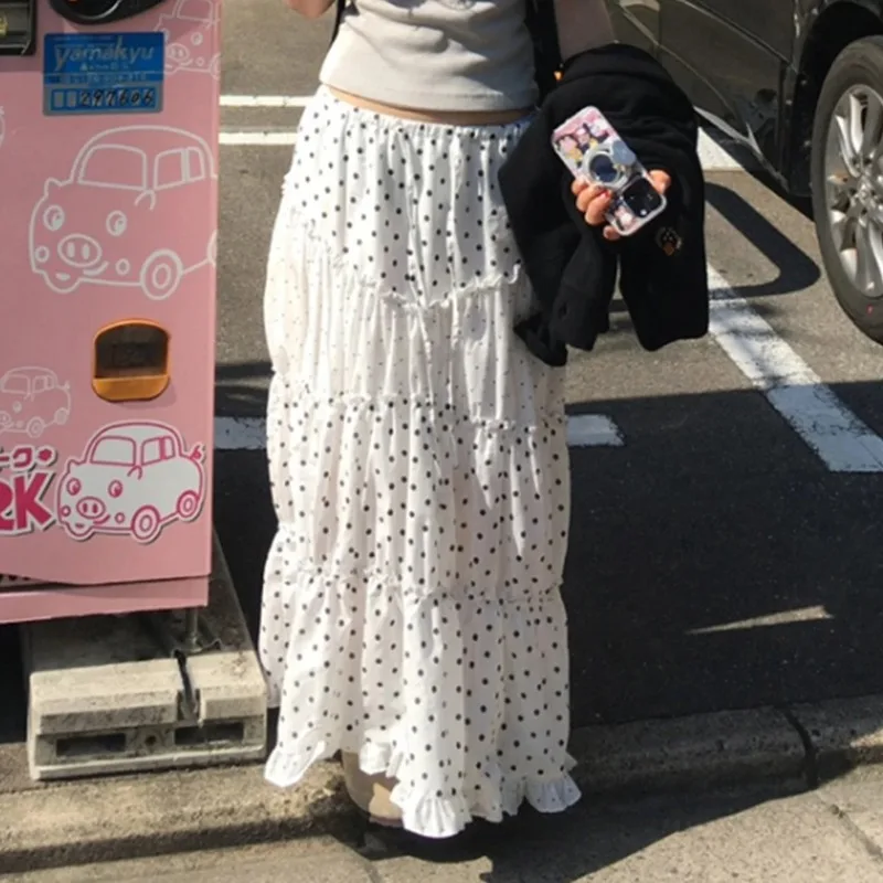 Harajuku mode à pois imprimé jupe femmes corée casual jupes longues à volants froncé épissé doux Simple été nouvelles jupes chics