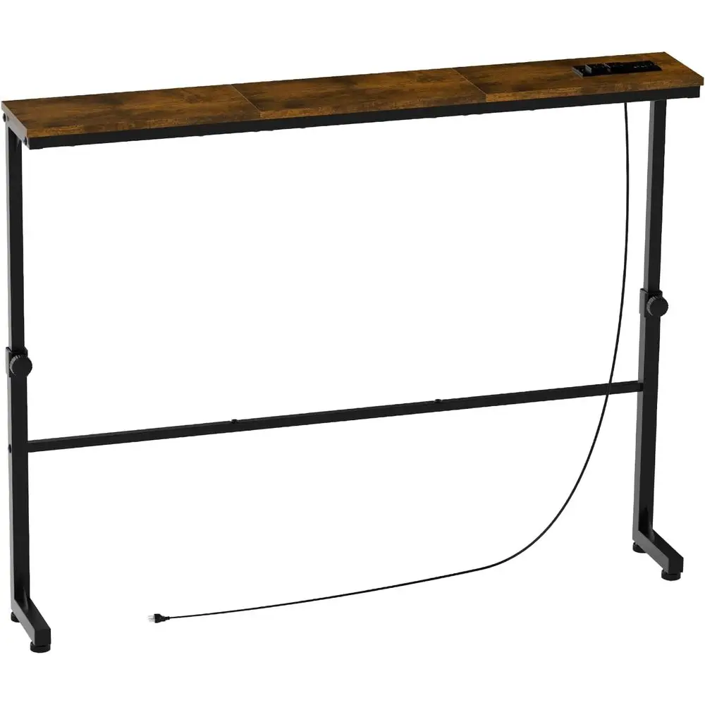 

Adjustable Height Narrow Console Table with 2 Power Outlets, 39.4 Long x 5.9 Wide, Rustic Brown – Ideal for Living Room, Entrywa