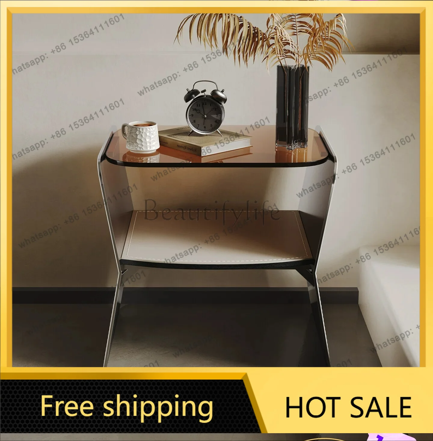 Hot Italian light luxury bedside table high sense minimalist saddle leather modern tempered glass bedside cabinet