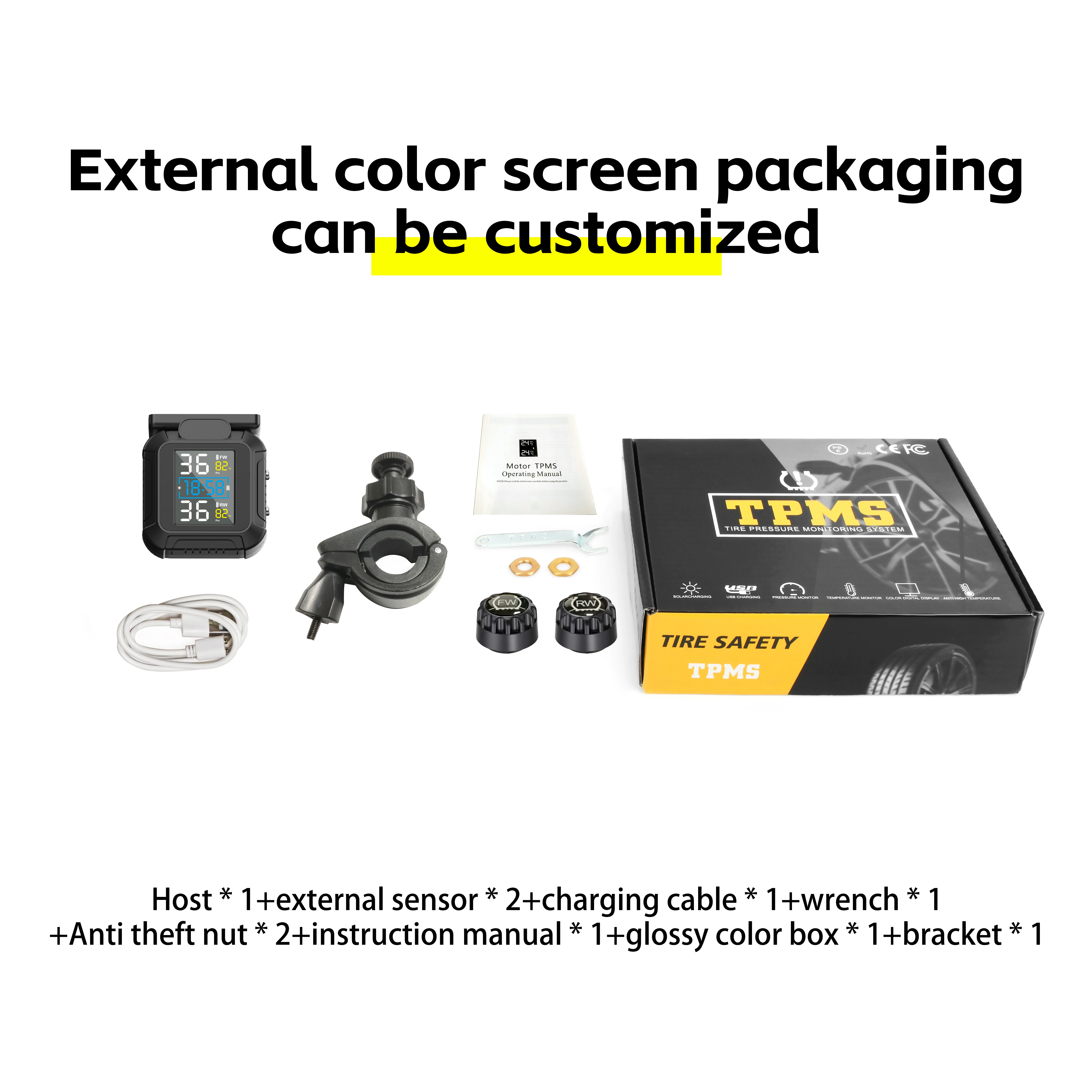 Motorcycle Solar TPMS Wireless External Sensor Universal Real-Time Tire Pressure Temperature Monitoring Alarm