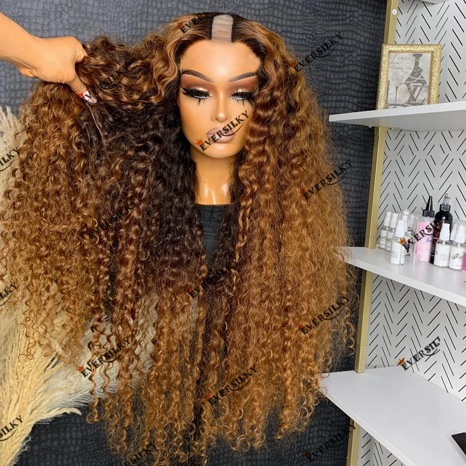 Human Hair 1X4 U Part Ombre Water Wave Machine Made Wig for Black Women Easy Wear V Part Remy Indian Hair Wig 250 Density Thick