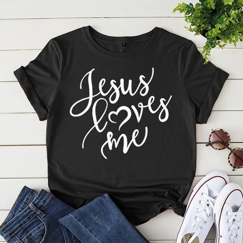 JESUS LOVES ME Letter Print T Shirt Women Short Sleeve O Neck Loose Tshirt Summer Women Tee Shirt Tops Camisetas Mujer