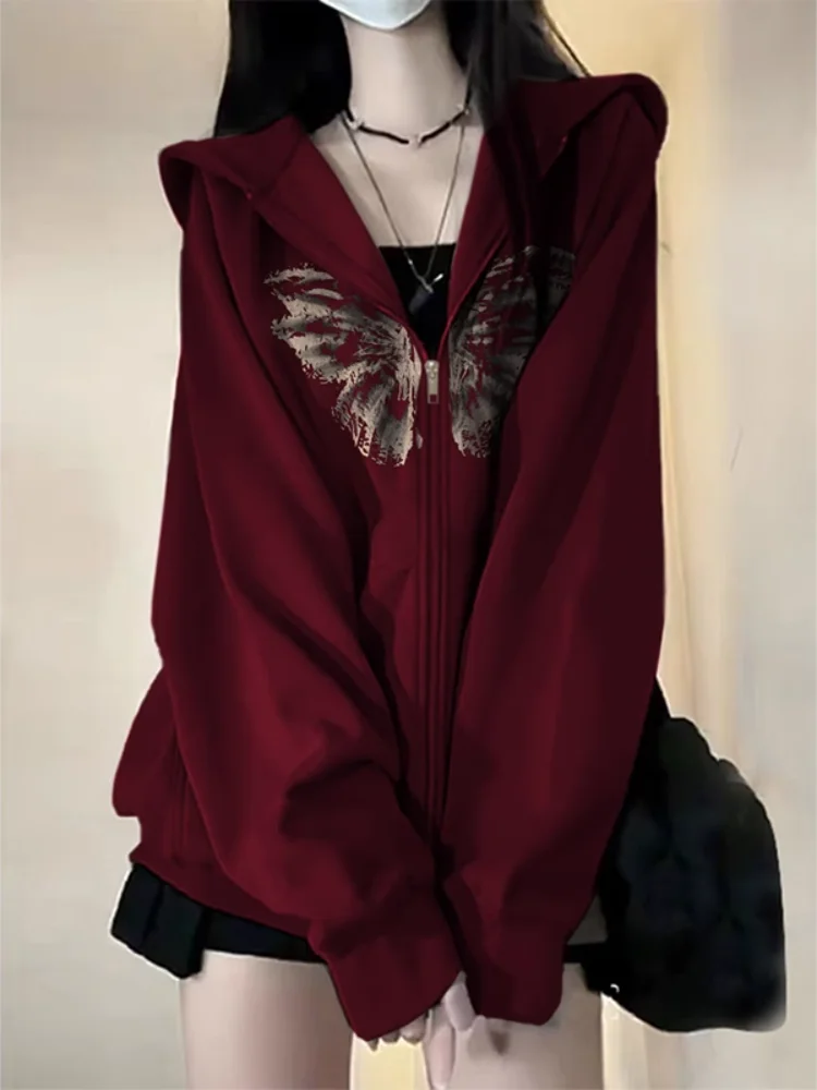 

plus Size Korean Sle Hoodie Cardigan Sweater Red Festive Loose Fit Long Sve Zipper Closure Women's Autumn Winter Jaet