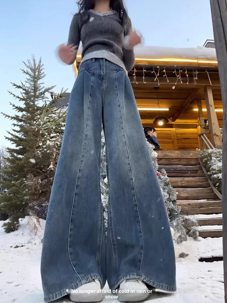 جينز دينم عتيق عالي الخصر من Thiened Fce للنساء لخريف وشتاء مقاس كبير على شكل كمثرى ثنى للجسم فضفاض ونحيف وواسع الساق...