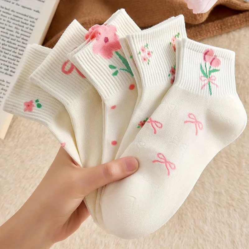 5 Paar Mädchensocken, niedliches kleines Blumenmuster, Schleife, Blume, bequeme, atmungsaktive Kindersocken – Detail 5