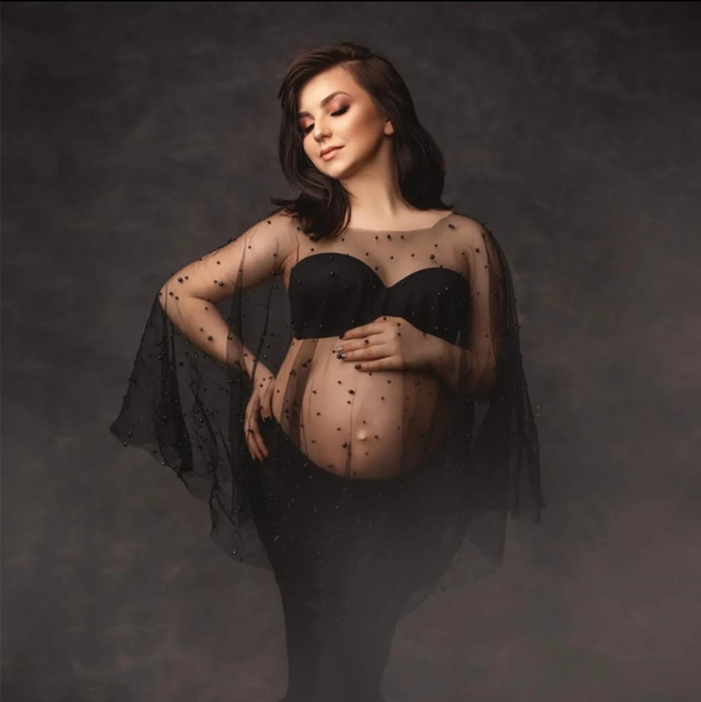 Sexy Perspective Maternity Photography Clothes Pearl Pregnancy Photo Shooting Blouse For Pregnant Women Photographic Tulle Smock