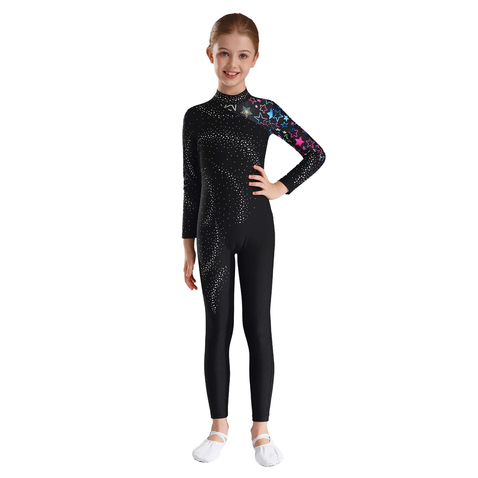 Kids Girls Printed Unitards Jumpsuit Shiny Rhinestones Figure Skating Ballet Leotard Gymnastics Acrobatics Performance Costume