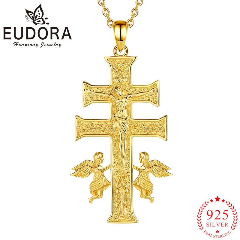 Eudora 925 Sterling Silver Caravaca Cross Necklace 18K Gold Jesus Angel Amulet Pendant Religious Jewelry Men Personality Gift