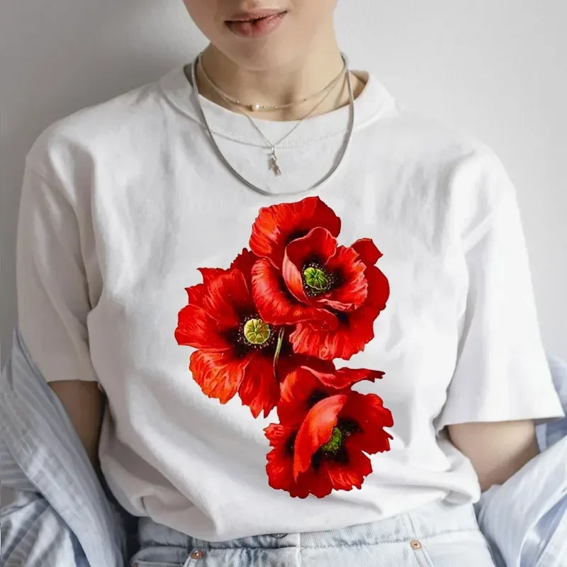 2024 Harajuku Tee Shirts Female Tee Girls T-shirts Fashion Red Poppy Flower Women T Shirt Funny Tops Tee Female Short Sleeve Tsh