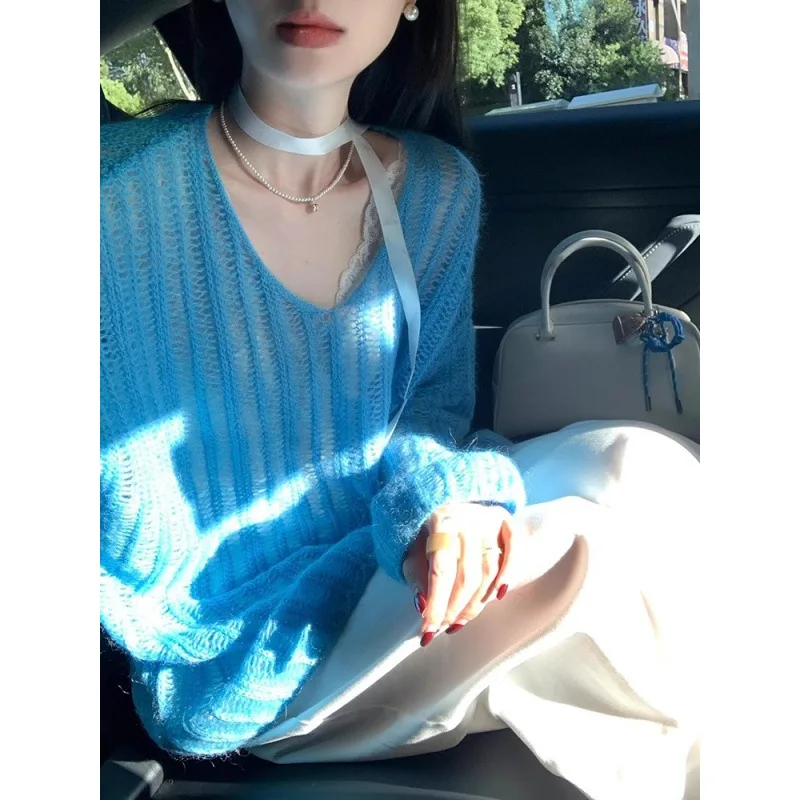 Полый вязаный свитер с длинными рукавами в корейском стиле для женщин, новый свободный синий летний солнцезащитный стиль, тонкий топ с длинными рукавами