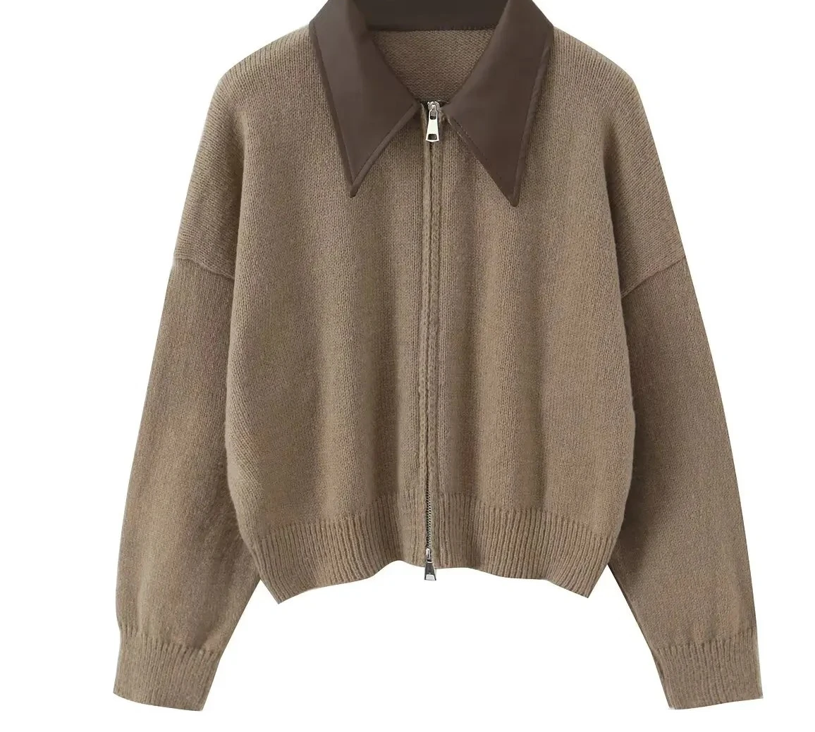 

Зимний новый модный вязаный кардиган с воротником из искусственной кожи, винтажный свитер на молнии с длинными рукавами