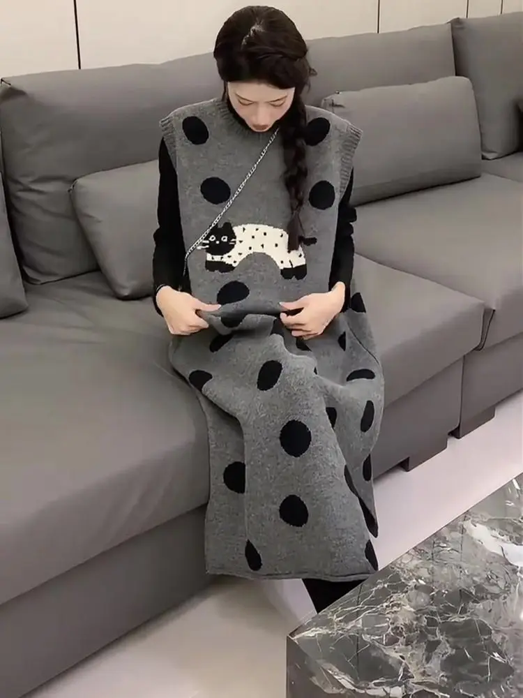 

Knitted Sleeveless Dresses Woman Elegant Womens Fall Elastic Casual Slim-Fit Fashion Pockets Material Loose Polka-Dot Detail Ins