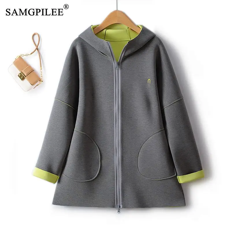 

Casual Sports Style Hooded Air Cotton A Line European Women's Windbreaker 2023 Autumn Contrast Commuting Fashion Trench Coat 4XL