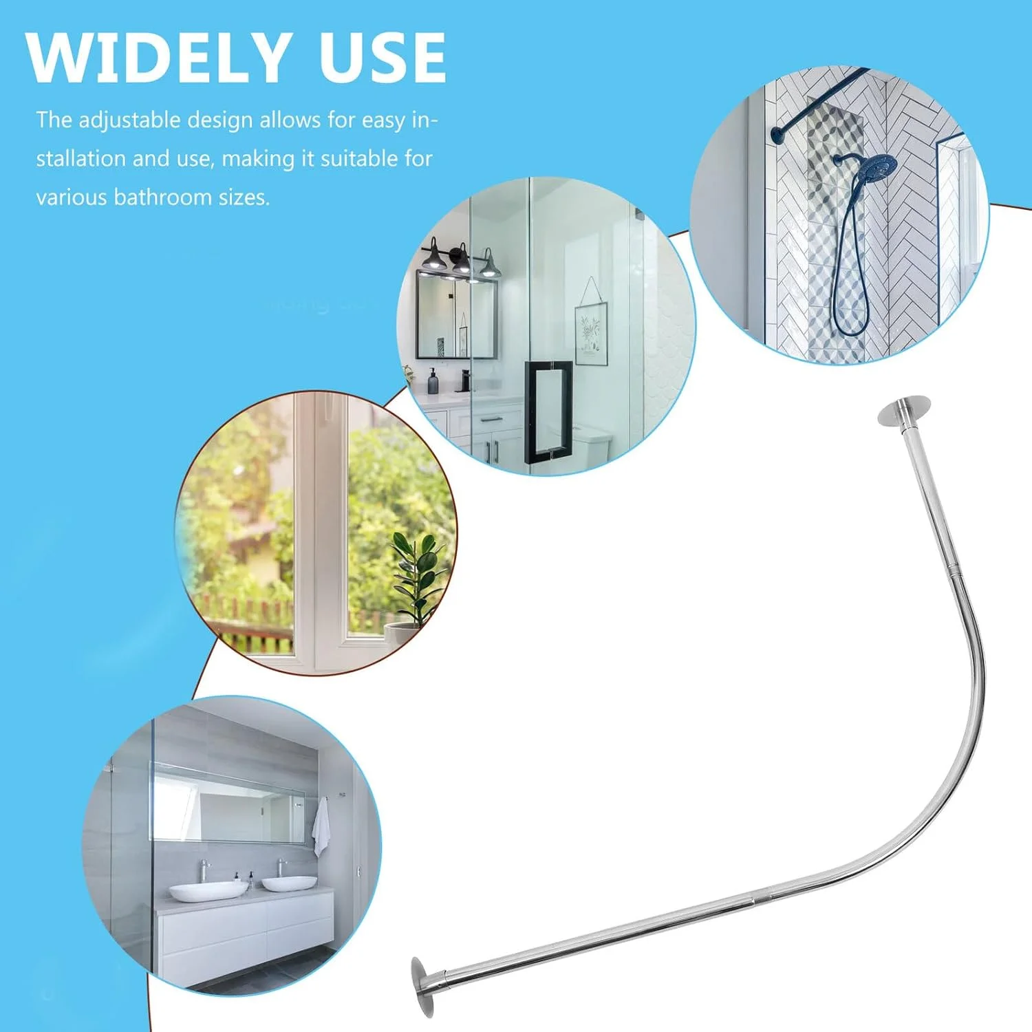 Adjustable Curved Shower Curtain Rod Retractable Metal Tension Rod Stainless Steel L-shaped Bathroom Shower Rail for Corner Bath
