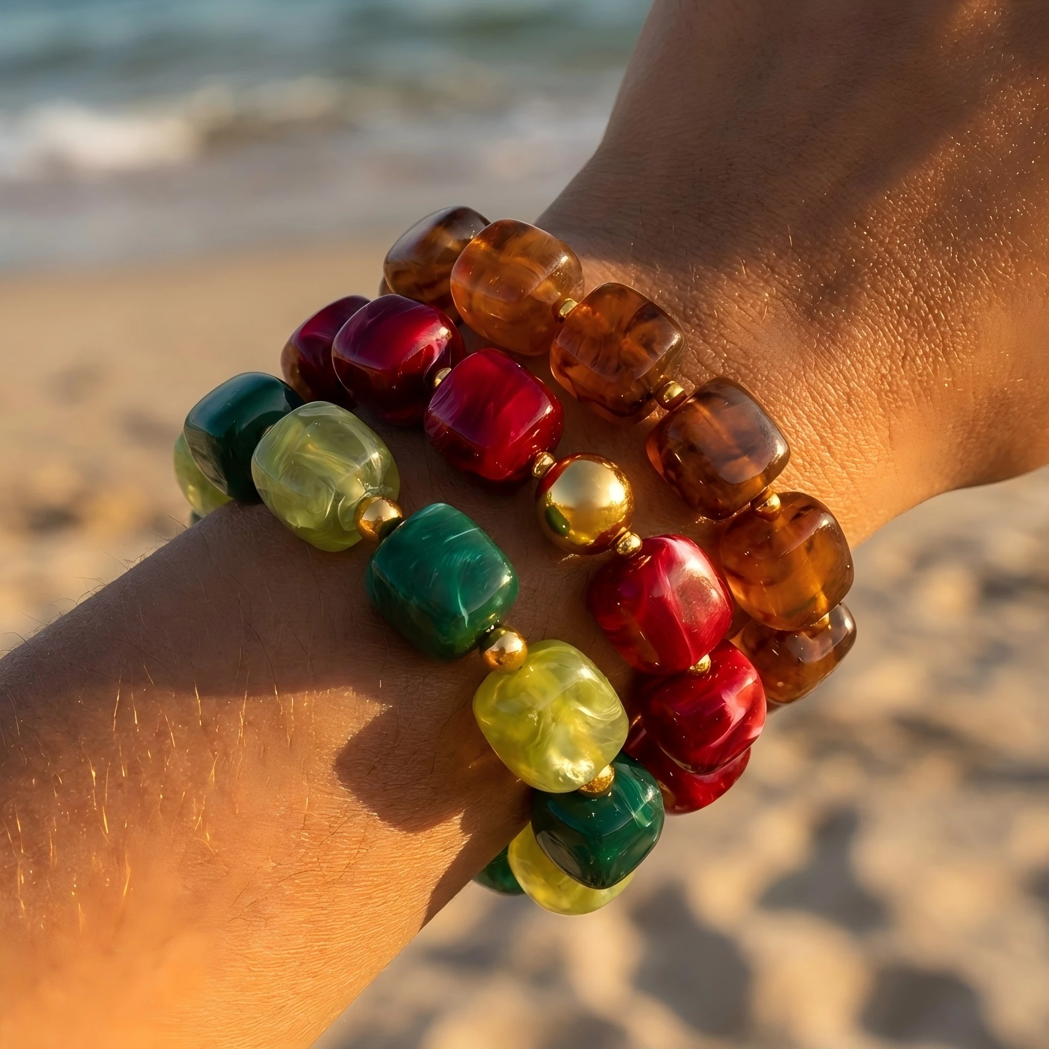 

Bohemian Colorful Chunky Resin Beads Bracelet for Women Vintage Stainless Steel Gold Color Bead Jewelry Fashion Party Gift