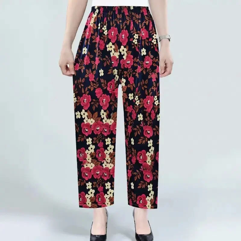 Summer Ladies Loose Nine-Foot Long Pants Thin Mosquito-Resistant Casual Ice-Silk Vendors Market Stall Mom Pants Thin Model