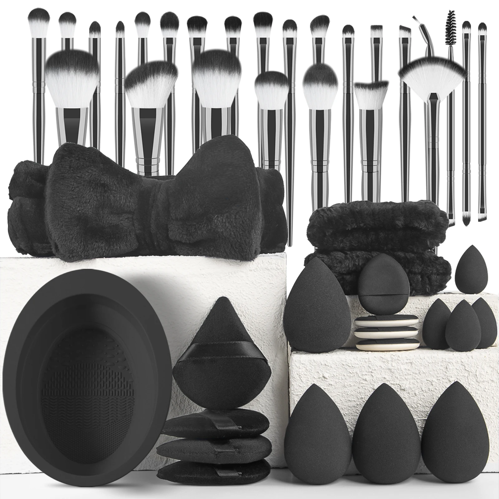 25Pcs Makeup Brush Set with Beauty Sponges Powder Puffs Cleaning Bowl Hair Bands Full Face Eye Cosmetic Kit