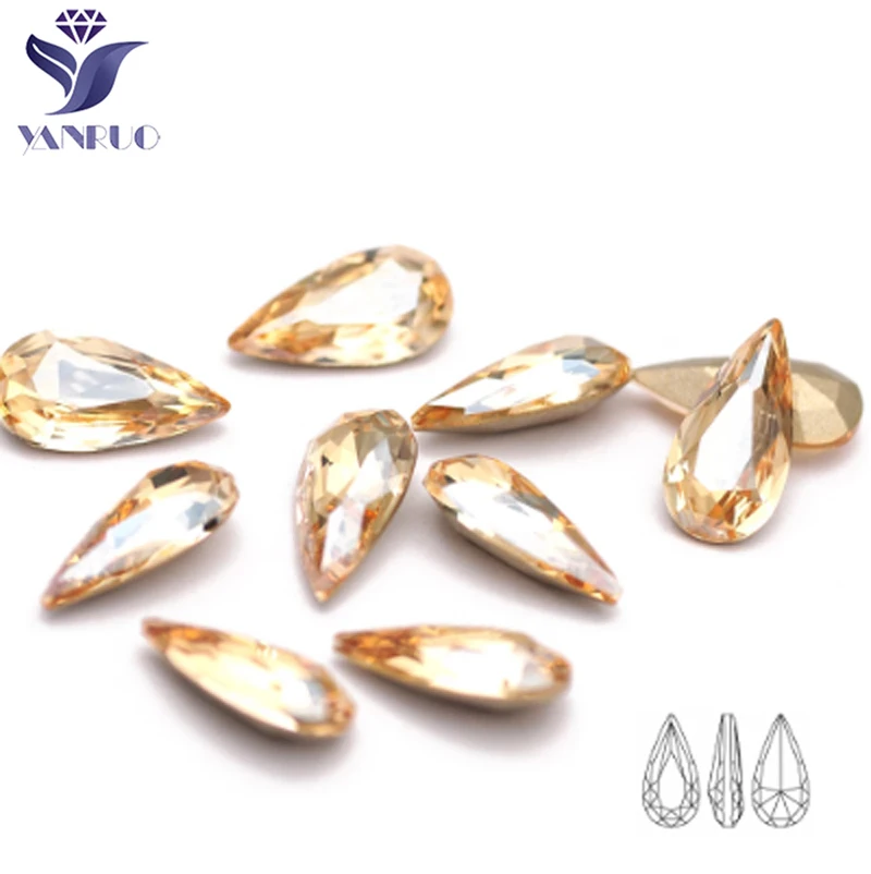 YANRUO 4322 10pcs Teardrop Golden Shadow Glass Pointback Glitter Rhinestones Crafts Design Decorative Accessories For Nail Art