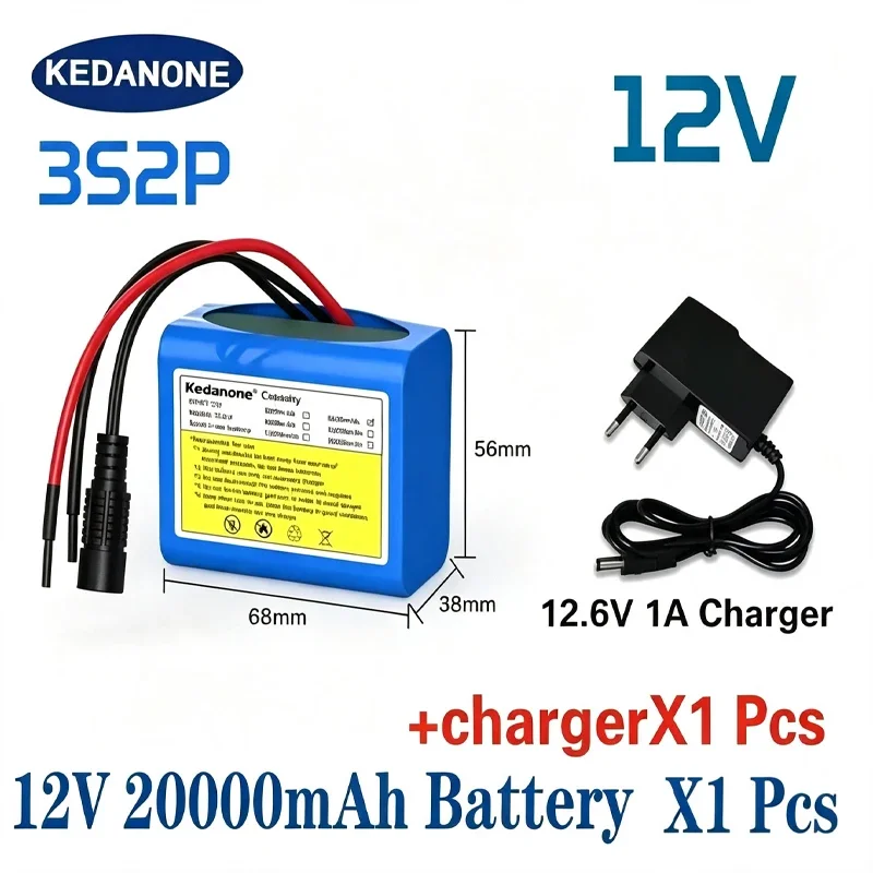 Batterie ricaricabili agli ioni di litio Kedanone da 12V 20000mAh con BMS, pacchi batteria al litio con scheda di protezione per il monitoraggio + caricabatterie da 12,6V