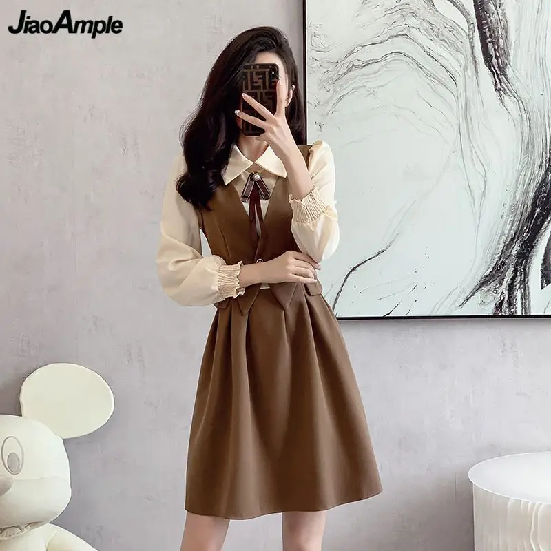 

Women Spring Autumn French Fake Two Piece Mini Dress 2023 New England Style Bowknot Patchwork Dresses Lady Student Clothing