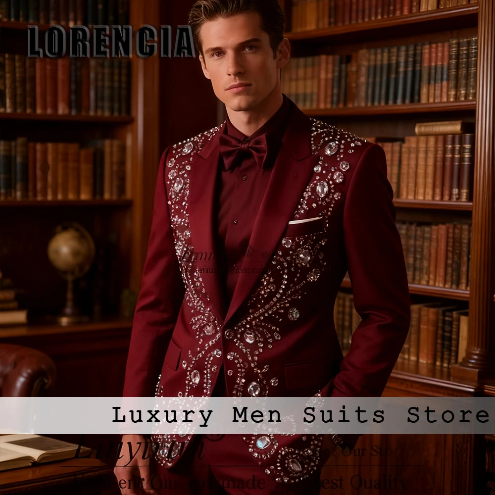 

Gorgeous Crystal Suits for Men 2 Pieces Flat Collar Evening Party Outfits Groom Tuxedo Customized Blazer Pants costumes homme
