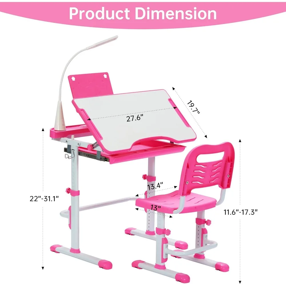 Conjunto de mesa e cadeira infantil com altura ajustável, estação de trabalho escolar infantil com mesa inclinada