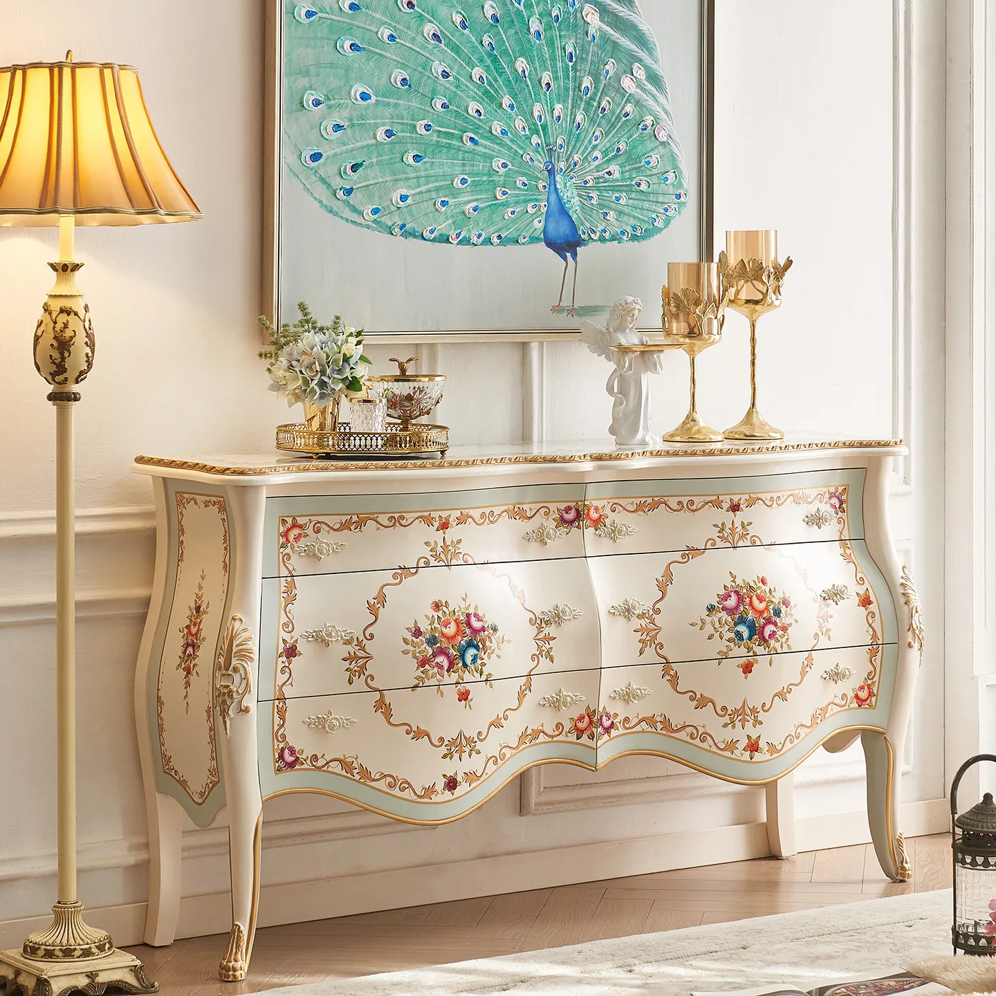 YFY French court solid wood painted bedroom storage multi-bucket bedside cabinet entrance foyer decorative cabinet