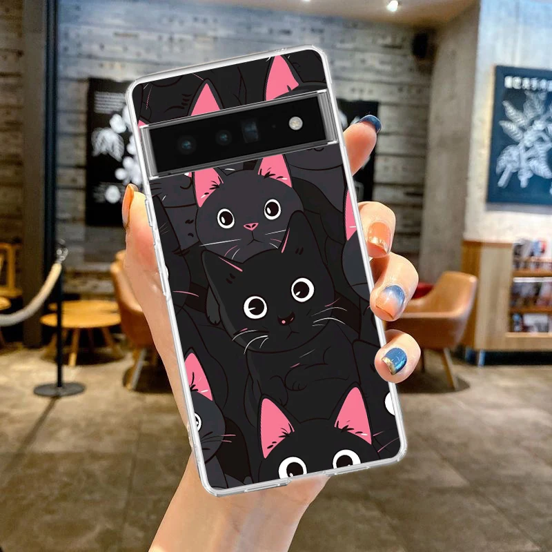 Cute Cartoon Black Cat Phone Case For Google Pixel 9 8 7 6 Pro XL 8A 7A 6A 5 4 5A 4A 3A XL 5G soft Silicone Clear TPU Cover
