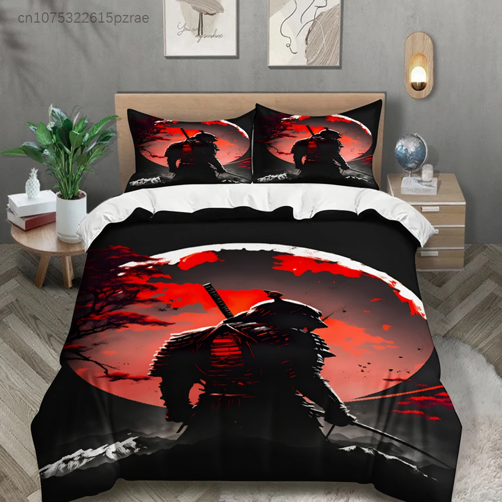 3pcs Samurai Warrior Bedding Sets 3D Printed Red Moon And Shadow Duvet Cover Sets With Pillowcases No Filling