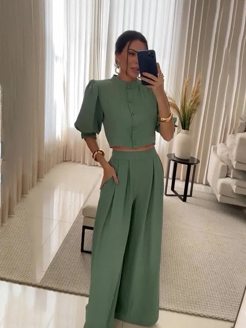 Women\'s Pant Suits Solid Color Single-breasted O-neck Shirt Top Fashion Casual Long Pants Suit Two Piece Set Women Office Wear