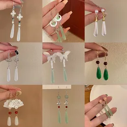 Ethnic Style Water Drop Tassel Earrings for Women Jade Chinese Knot Moon Butterfly Fan Shaped Hanfu Accessories Wedding Jewelry