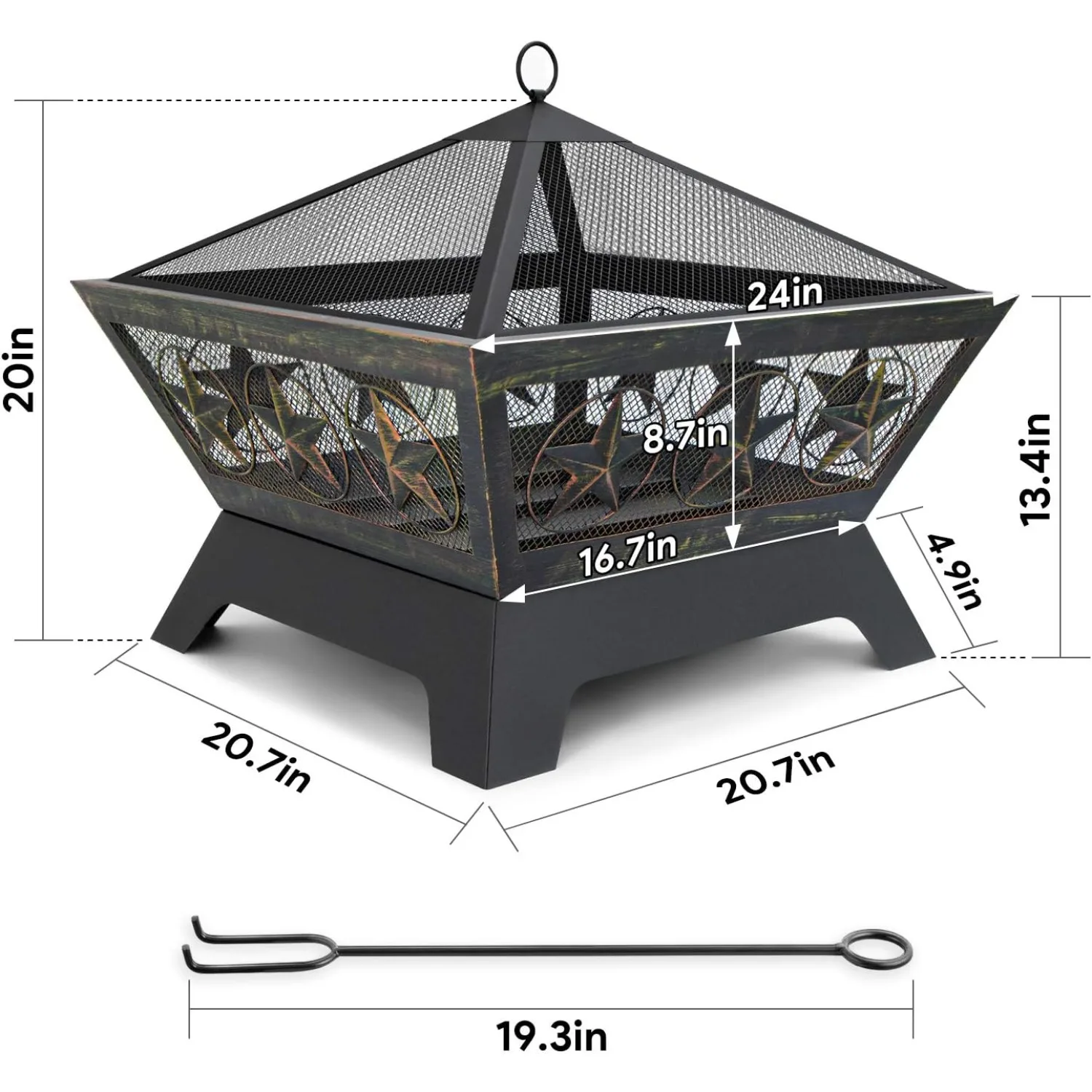 Fire Pit Outdoor for Outside Firepit Bowl Wood Burning 24in Square with Fireplace Fire Poker Spark Screen Mesh