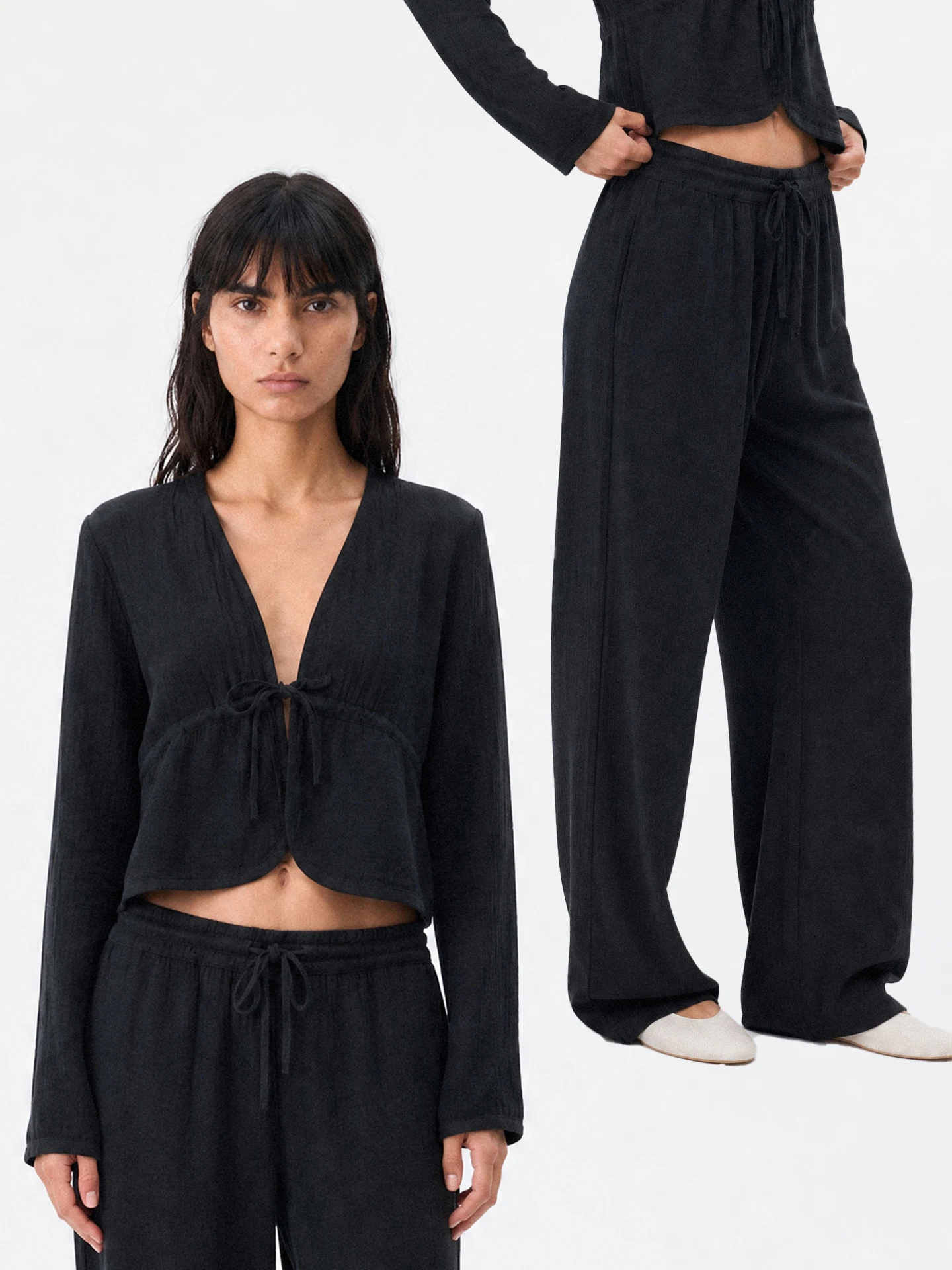 TDDP Cotton Texture Casual Set Women's Long Sleeve V-Neck Open Cardigan Flared Pants Two-Piece Autumn Collection