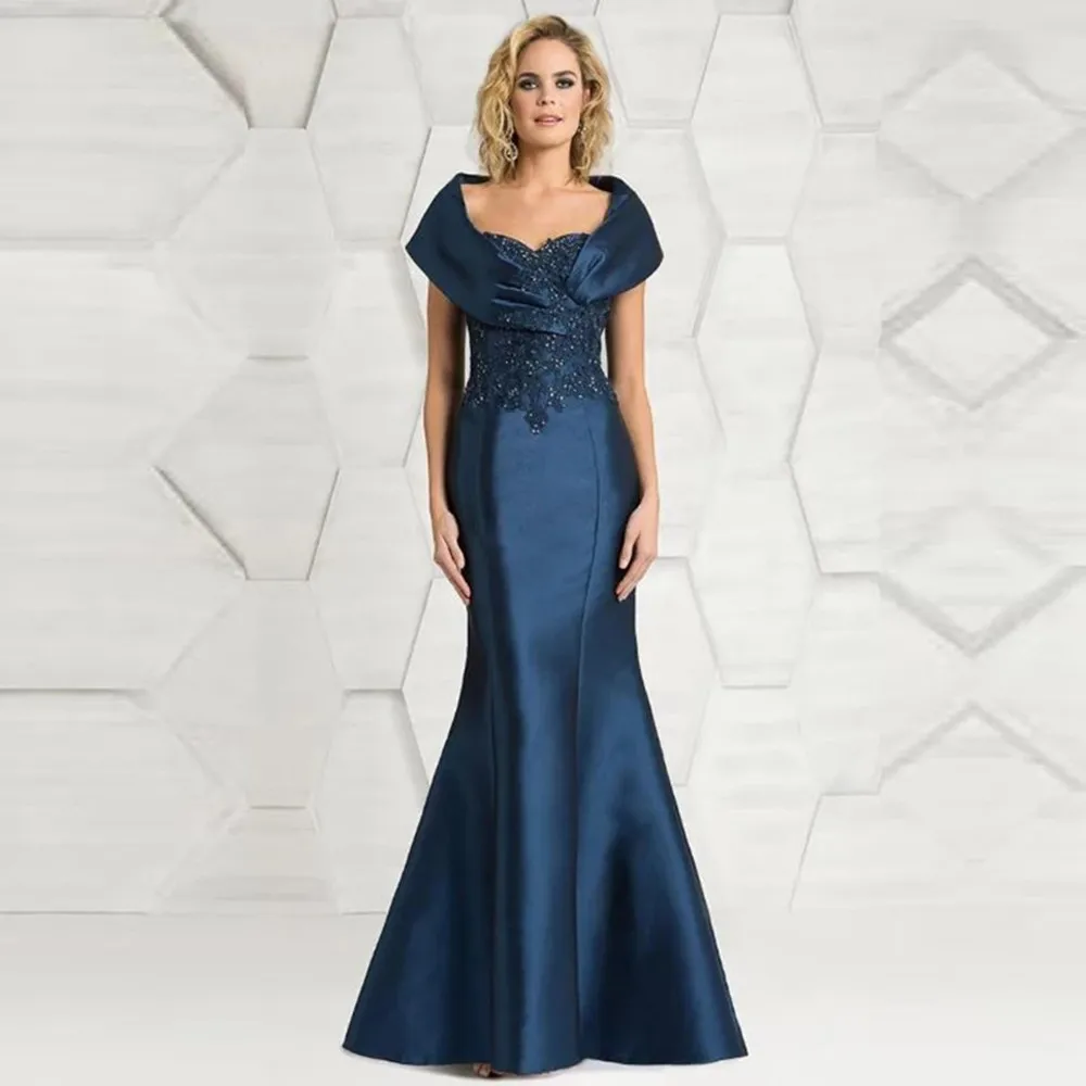 

2022 Latest Elegant Navy Lace Mother of the Bride Dresses Mermaid Beaded Wedding Guest Gowns Applique Cap Sleeve Full Length