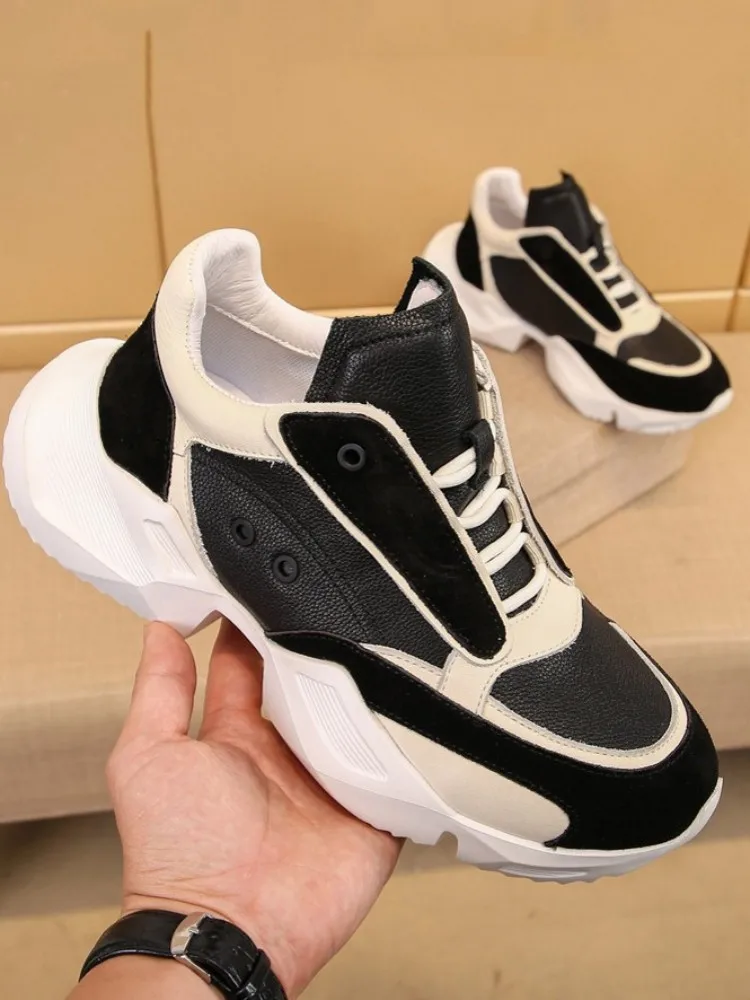 Mens Genuine Leather Sneakers Mixed Colors Design Round Toe Thick Bottom Casual Shoes Fashion Comfortable Walking Active Shoes