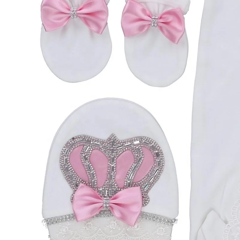 0-9 Months Baby Diamond Crown Romper Set  Pink Bow Footed Jumpsuit Luxury Baby Shower Gift for Newborn