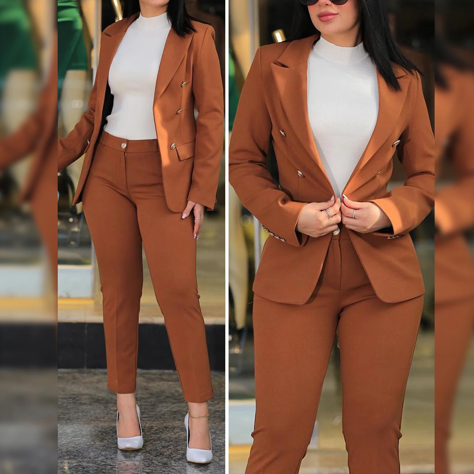 Long Sleeve Pants Suit Elegant Double-breasted Women\'s Coat Pants Suit for Formal Business Commute Slim Fit Jacket with High